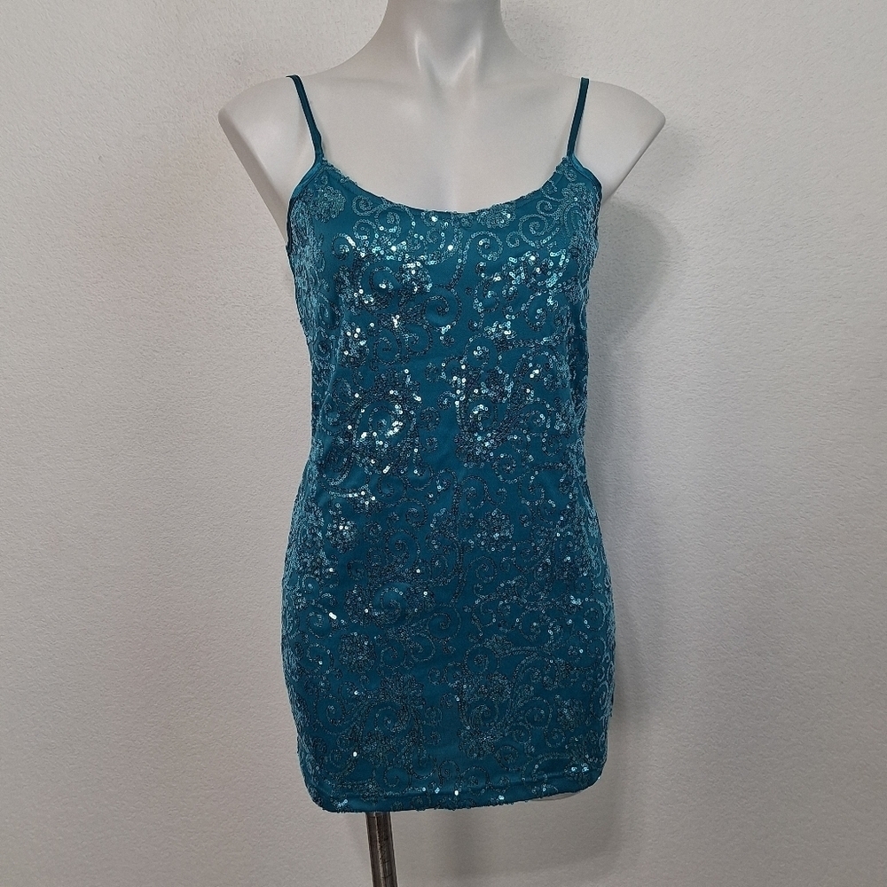 BKE Teal Glam Sequin Y2K Spaghetti Strap Retro Mini Dress Size L